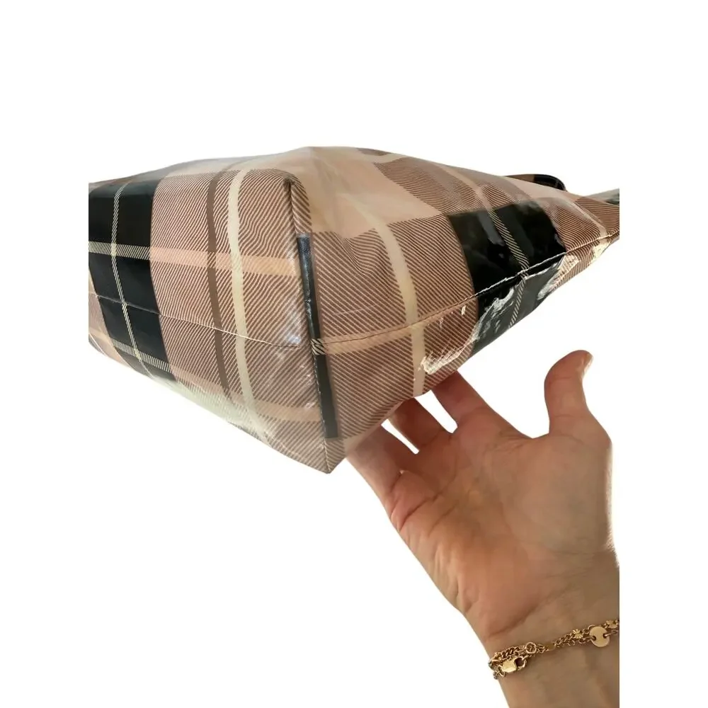 Kate Spade Bon Shopper Plaid Tote Bag Cream Taupe Coated Canvas